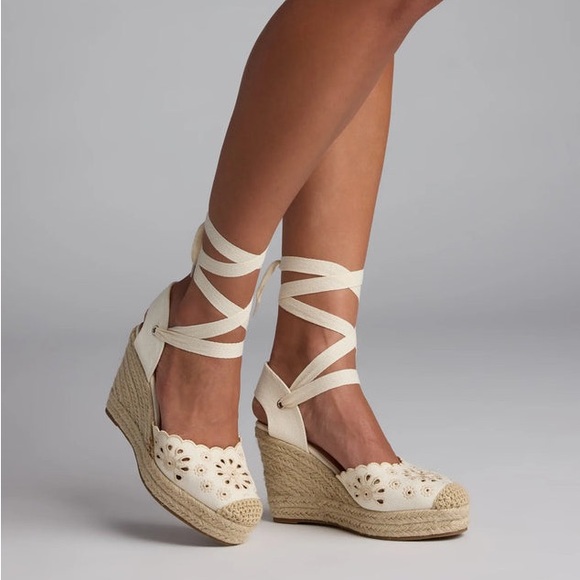 Windsor Cream Lace-Up Espadrille Wedges - Picture 1 of 3